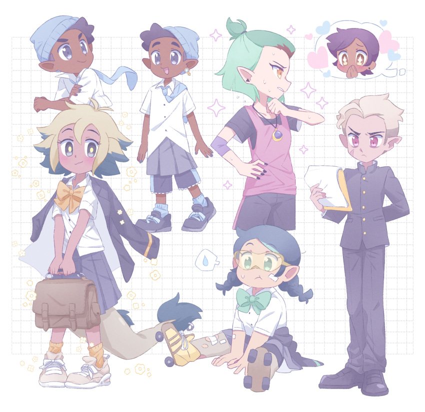 2boys, 4girls, akasaka_(qv92612), alternate_costume, amity_blight, bag, dark-skinned_female, dark-skinned_male