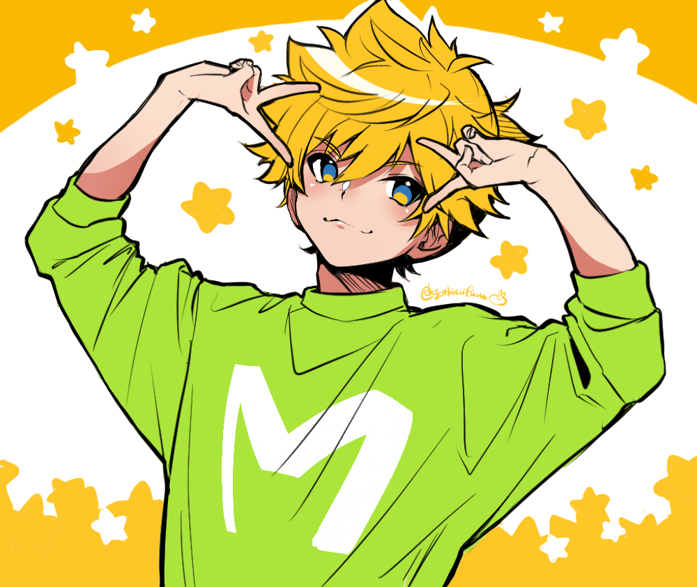1boy, bishounen, blonde_hair, blue_eyes, double_v, male_focus, rifuru, short_hair