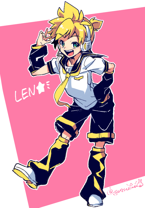 1boy, blonde_hair, full_body, headphones, kagamine_len, necktie, open_mouth, rifuru, sailor_collar, short_hair, shorts, smile, solo, vocaloid