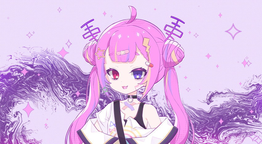 1girl, absurdres, ahoge, akane_stradanya, asymmetrical_shirt, bags_under_eyes, bandaged_chest, bandaid