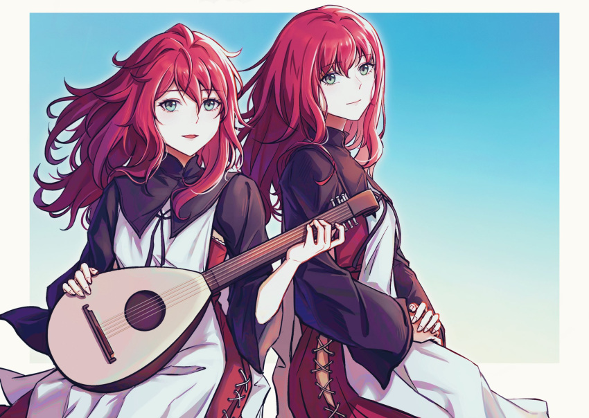 2girls, border, devola, dress, feet_out_of_frame, green_eyes, hand_on_hand, hand_up