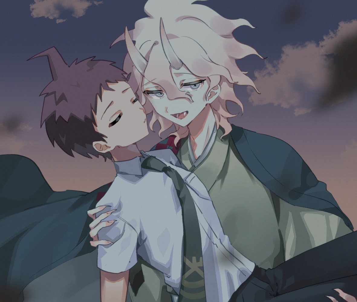 2boys, :d, ahoge, breast_pocket, brown_hair, clouds, collared_shirt, danganronpa_(series)