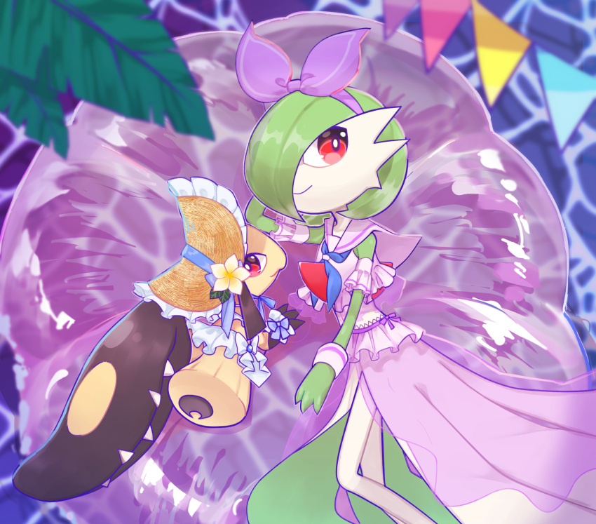 2girls, arm_behind_head, arm_up, bare_shoulders, black_skin, blue_bow, blue_neckerchief, blue_skirt, blurry, blurry_foreground, bob_cut, bonnet, bow, bright_pupils, closed_mouth, clothed_pokemon, colored_skin, commentary_request, crop_top, day, detached_sleeves, enden_(pixiv_57969220), extra_mouth, flat_chest, frilled_headwear, frilled_shirt, frilled_skirt, frilled_sleeves, frills, from_above, full_body, gardevoir, green_hair, green_skin, hair_bow, hair_over_one_eye, hairband, happy, hat, highres, inflatable_raft, leaf, legs, long_skirt, looking_at_viewer, looking_back, looking_to_the_side, lying, mawile, multicolored_skin, multiple_girls, neckerchief, on_side, on_stomach, one_eye_covered, outdoors, pokemon, pokemon_(creature), purple_bow, purple_hairband, purple_sailor_collar, purple_shirt, purple_skirt, purple_sleeves, red_eyes, sailor_collar, see-through, see-through_skirt, sharp_teeth, shirt, short_hair, short_sleeves, skirt, sleeveless, sleeveless_shirt, smile, straw_hat, string_of_flags, teeth, transparent, two-tone_skin, water, white_pupils, white_skin, wrist_cuffs, yellow_skin