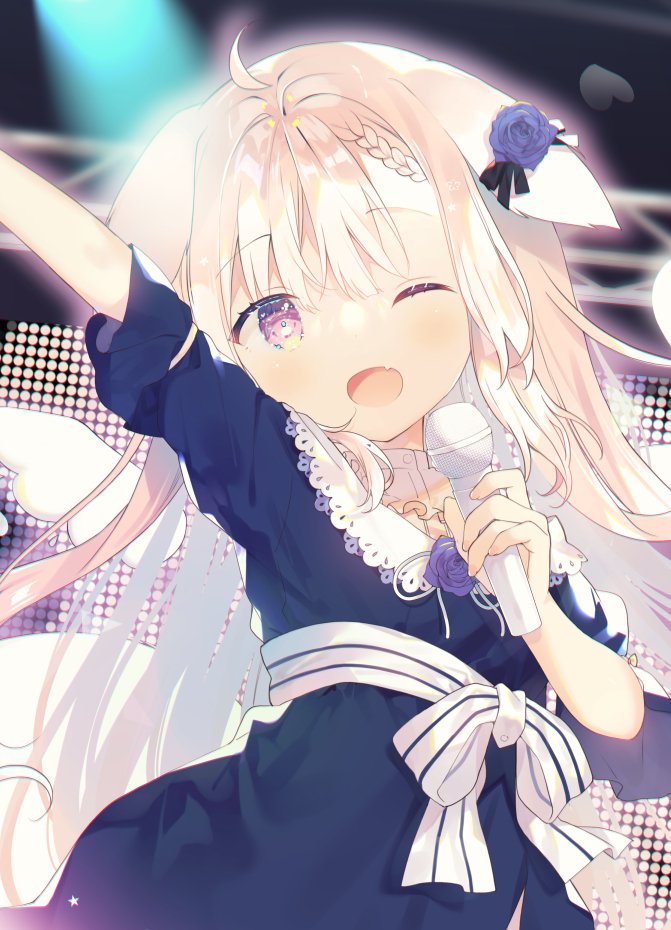 1girl, ;d, animal_ears, arm_up, blue_dress, blue_flower, blue_rose, bow, braid, braided_bangs, commentary_request, detached_wings, dog_ears, dress, ear_flower, fang, flower, hand_up, holding, holding_microphone, ion_kurumi, light_brown_hair, long_hair, looking_at_viewer, microphone, one_eye_closed, reface_music_production, rose, shirt, short_sleeves, smile, solo, striped, striped_bow, very_long_hair, violet_eyes, virtual_youtuber, white_shirt, white_wings, wings, yuizaki_kazuya
