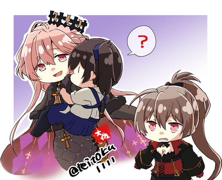 3girls, ?, azur_lane, carrying, chibi, clemenceau_(azur_lane), cloak, crossover