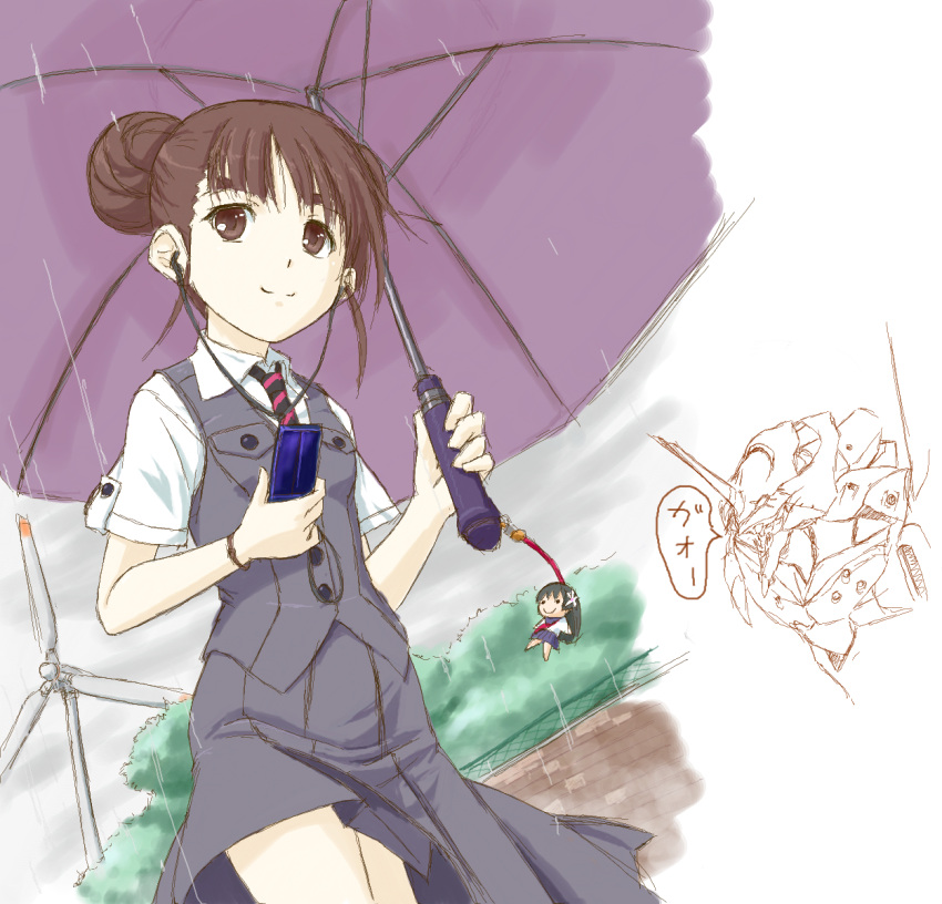 brown_hair, cellphone, commentary_request, double_bun, dutch_angle, earbuds, earphones, eva_01