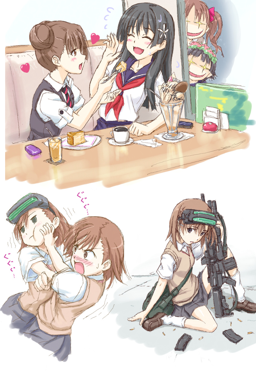 assault_rifle, bag, bangs, black_hair, blunt_bangs, blush, brown_eyes, brown_hair, bullet, cartridge, cellphone, closed_eyes, coffee, double_bun, empty_eyes, feeding, flower, fork, grin, gun, hair_flower, hair_ornament, hal_(21), head_mounted_display, head_wreath, heart, highres, hime_cut, juufuku_miho, loose_socks, m4_carbine, magazine_(weapon), misaka_imouto, misaka_mikoto, necktie, oekaki, parfait, phone, rifle, saten_ruiko, school_uniform, serafuku, shirai_kuroko, skirt, smile, socks, sweater_vest, to_aru_kagaku_no_railgun, to_aru_majutsu_no_index, uiharu_kazari, weapon