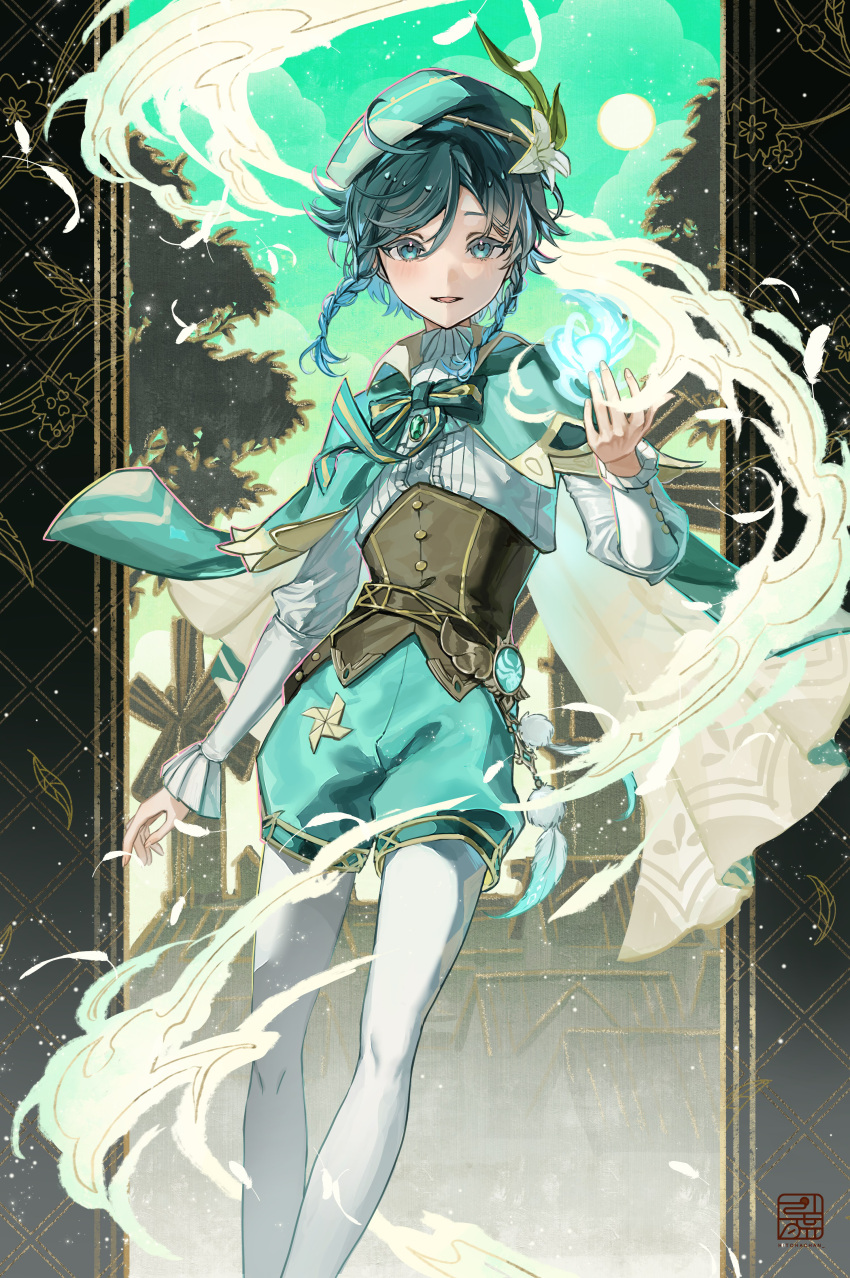 1boy, absurdres, beret, black_hair, blue_eyes, blue_hair, braid, brown_corset
