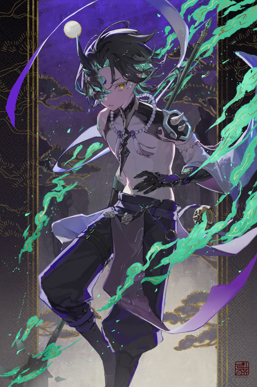1boy, absurdres, aqua_hair, armor, black_gloves, black_hair, black_shorts, chinese_clothes