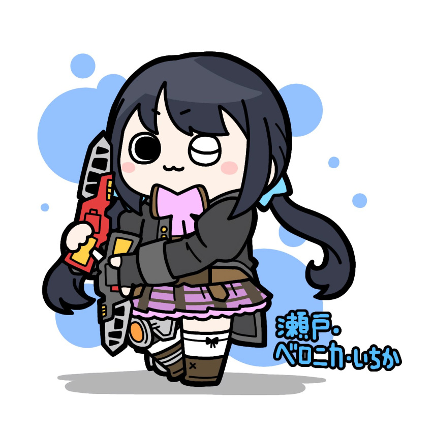 1girl, ;3, assault_lily, black_bow, black_gloves, black_hair, black_jacket, blue_background