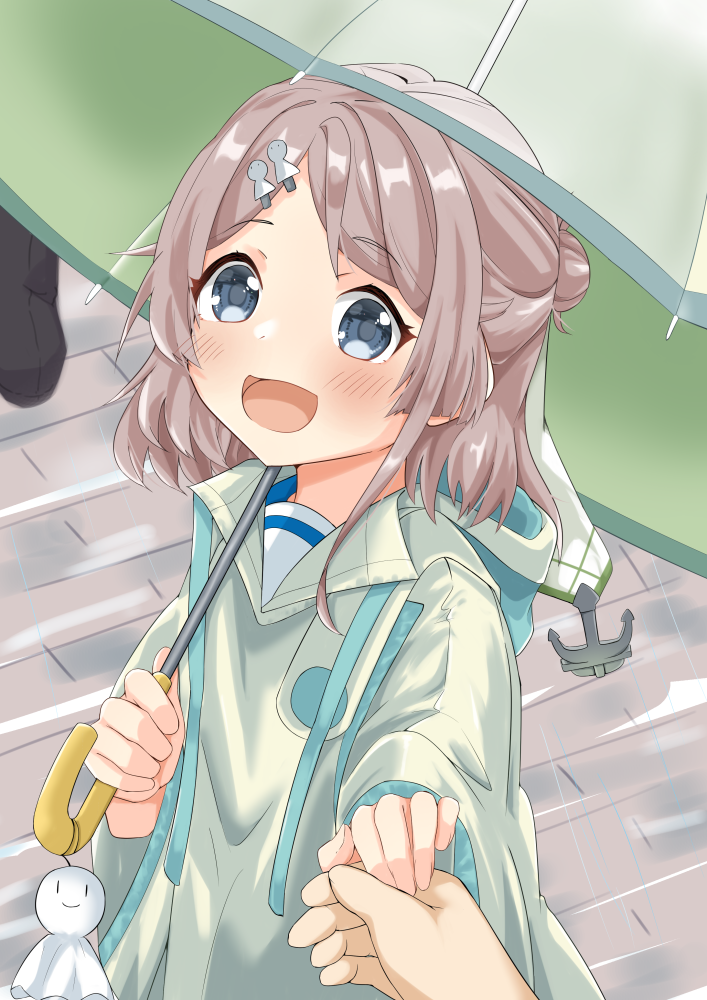 1girl, 1other, anchor_ornament, blue_eyes, cowboy_shot, grey_hair, hair_ribbon, kaiboukan_no._30_(kancolle), kantai_collection, makinoki, pov, raincoat, ribbon, short_hair, solo, teruterubouzu, transparent, transparent_umbrella, umbrella