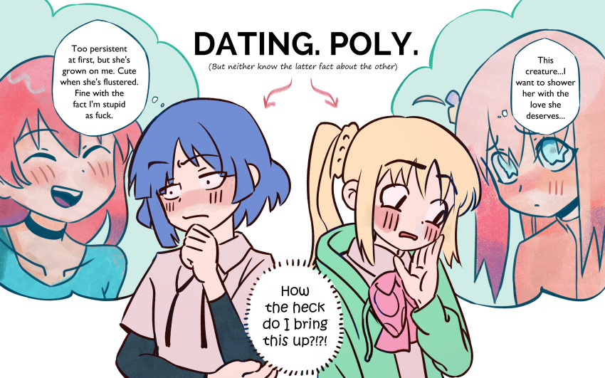 4girls, absurdres, blazer, blonde_hair, blue_eyes, blue_hair, blush, bocchi_the_rock!, choker, closed_eyes, cube_hair_ornament, english_text, gotoh_hitori, hair_ornament, highres, ijichi_nijika, jacket, kita_ikuyo, long_hair, multiple_girls, open_mouth, pink_hair, profanity, redhead, short_hair, side_ponytail, simple_background, smile, teeth, tiffany_chou, upper_teeth_only, white_background, yamada_ryo, yuri