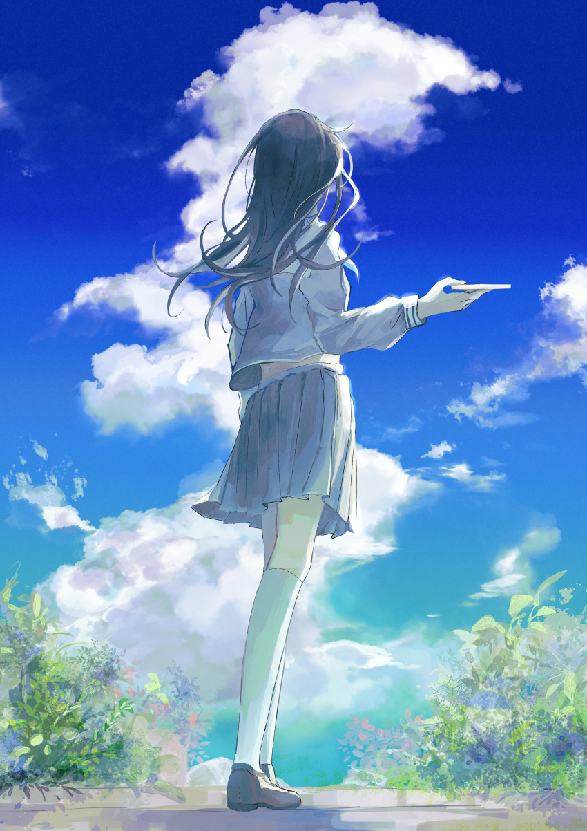 1girl, absurdres, black_hair, blue_sky, brown_footwear, cellphone, clouds, commentary