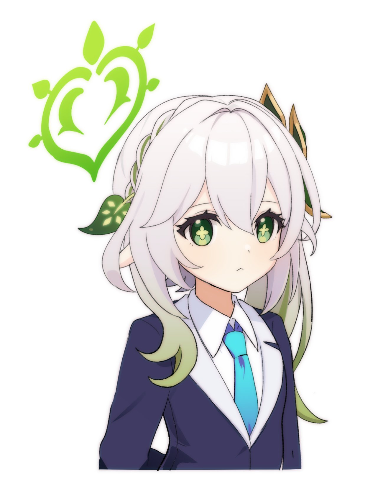 1girl, blue_archive, blue_jacket, blue_necktie, braid, closed_mouth, dendro_symbol_(genshin_impact), flower-shaped_pupils, genshin_impact, green_eyes, green_hair, green_halo, halo, highres, jacket, long_sleeves, marimo_jh, multicolored_hair, nahida_(genshin_impact), necktie, shirt, simple_background, solo, streaked_hair, symbol-shaped_pupils, upper_body, white_background, white_hair, white_shirt, wing_collar