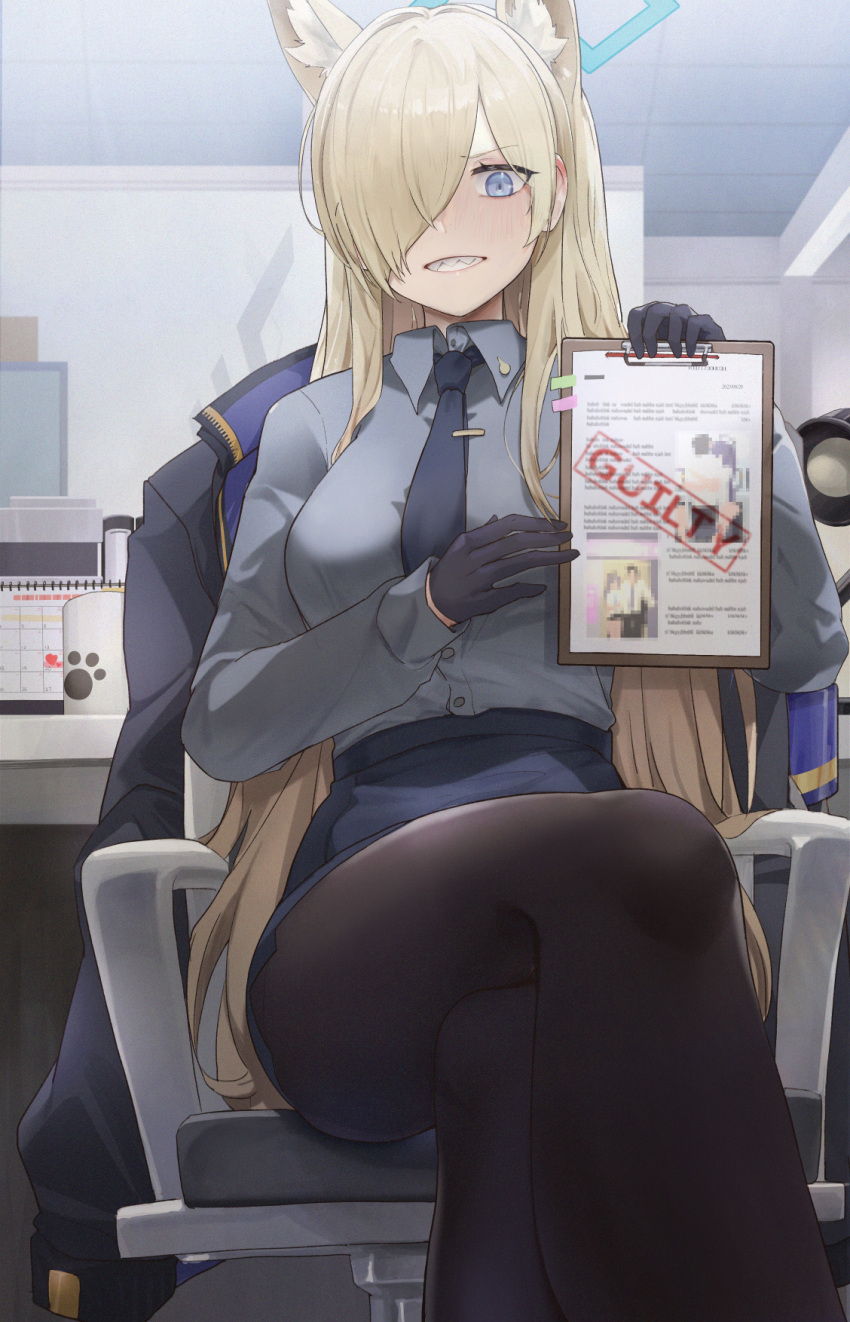 1girl, animal_ear_fluff, animal_ears, black_pantyhose, blonde_hair, blue_archive, blue_eyes, hair_over_one_eye