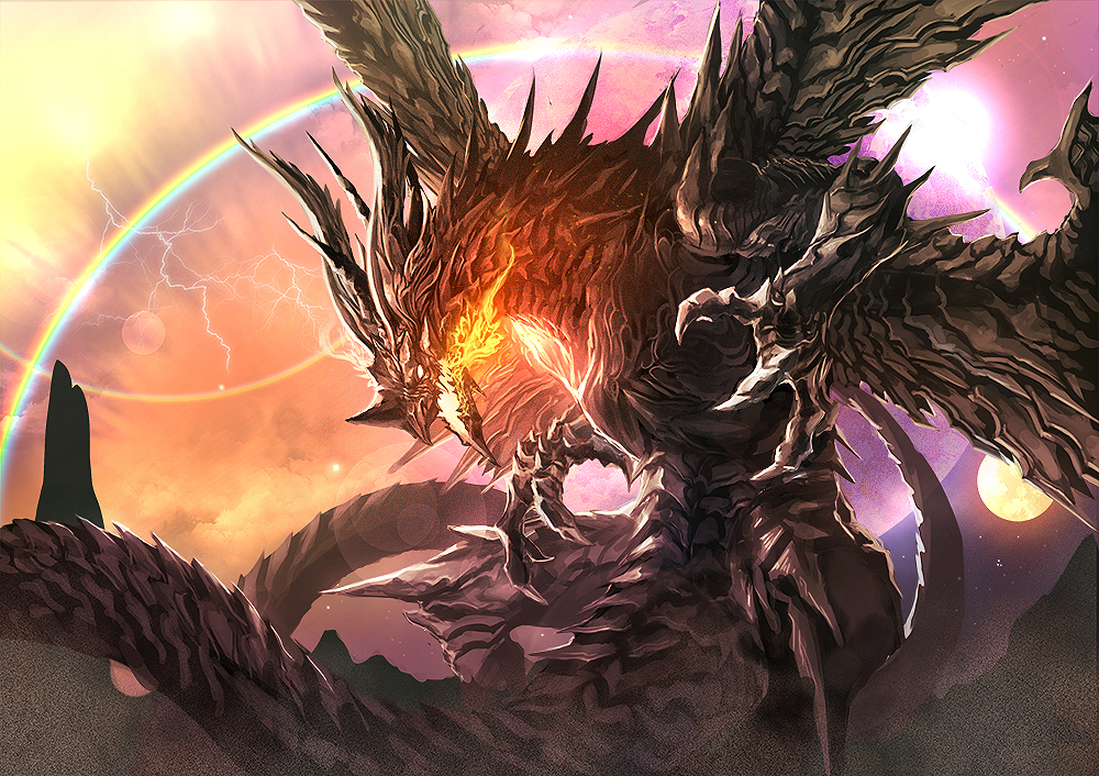 bahamut_(final_fantasy), claws, commentary_request, dragon, dragon_horns, dragon_wings, electricity, fantasy
