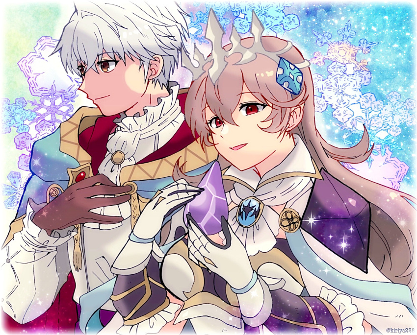 1boy, 1girl, armor, ascot, blue_cape, breastplate, brooch, brown_eyes