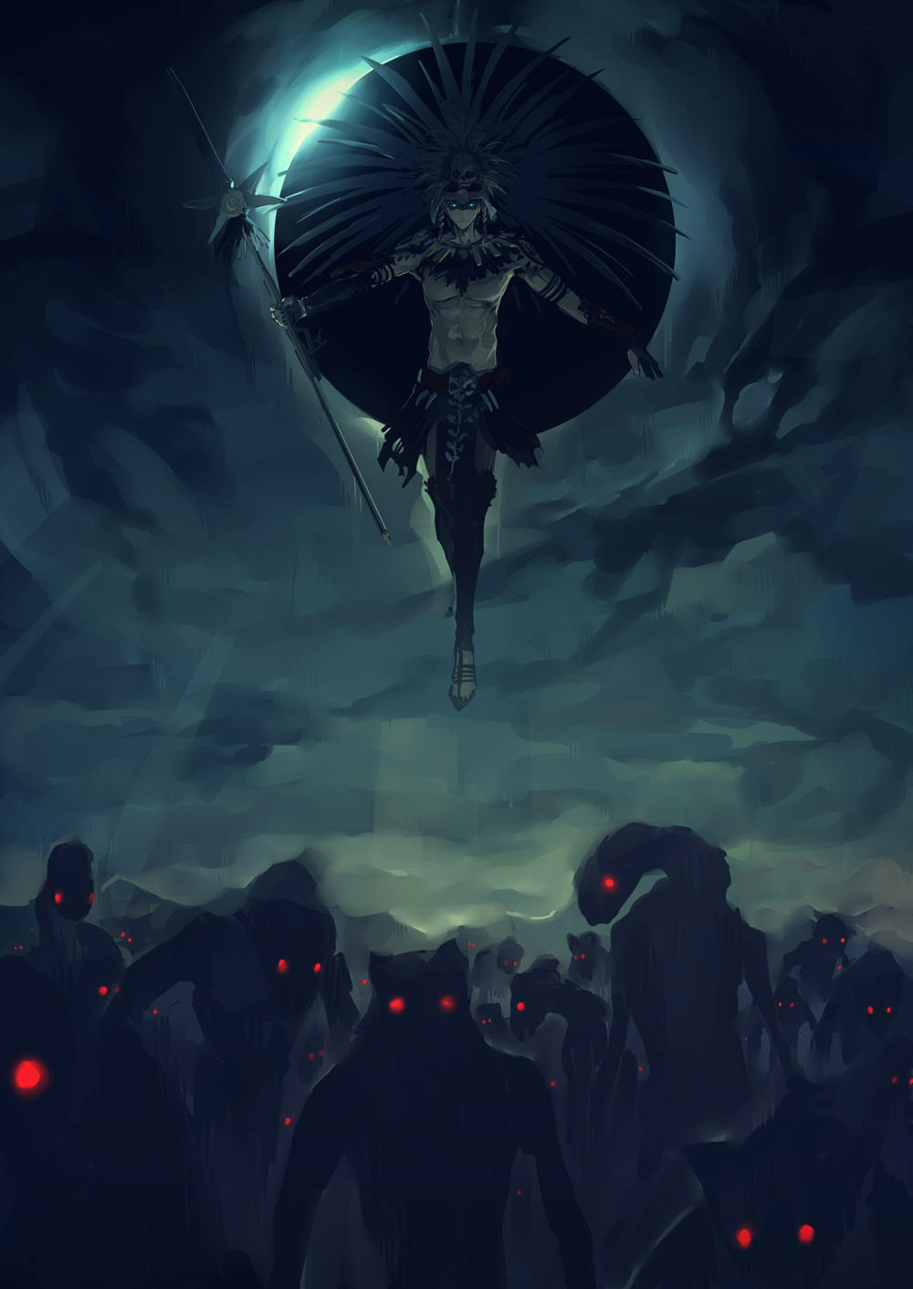 1boy, abs, animal_head, arm_tattoo, aztec, black_moon, expressionless, eyes_in_shadow, facepaint, fate/grand_order, fate_(series), floating, gold_necklace, grey_sky, hair_ornament, headdress, highres, holding, holding_polearm, holding_weapon, jewelry, long_hair, looking_at_viewer, melon22, monster, moon, necklace, no_nipples, noble_phantasm_(fate), pectorals, polearm, serious, shoulder_tattoo, skull_hair_ornament, sky, sunrise, tattoo, tezcatlipoca_(fate), tezcatlipoca_(third_ascension)_(fate), toned, toned_male, traditional_clothes, tribal, weapon