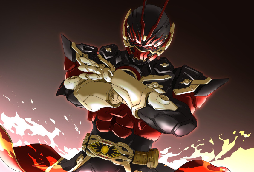 1boy, antennae, armor, black_background, black_bodysuit, bodysuit, fire, glowing, gold_gloves, gold_horns, gold_trim, highres, horns, kamen_rider, kamen_rider_geats_(series), kamen_rider_regad, male_focus, miyabi_(037), muscular, open_hands, organic, pauldrons, red_armor, red_eyes, red_footwear, shoulder_armor, waistcoat, zillion_driver