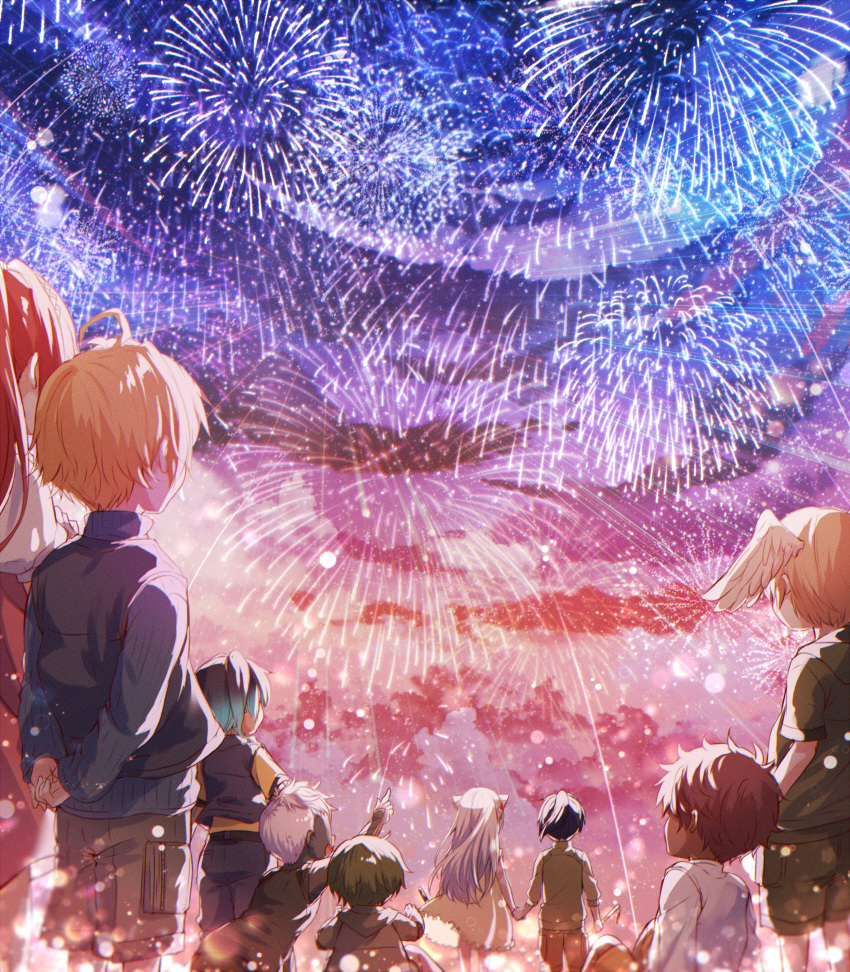 4girls, 5boys, aged_down, ahoge, animal_ears, arms_behind_back, black_hair, blonde_hair