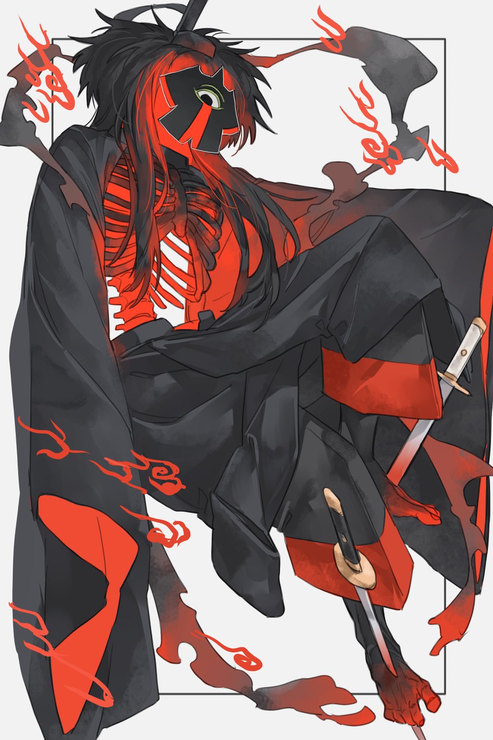 1other, akimitsu-dono, barefoot, black_fire, black_skin, colored_skin, fate/grand_order, fate_(series)