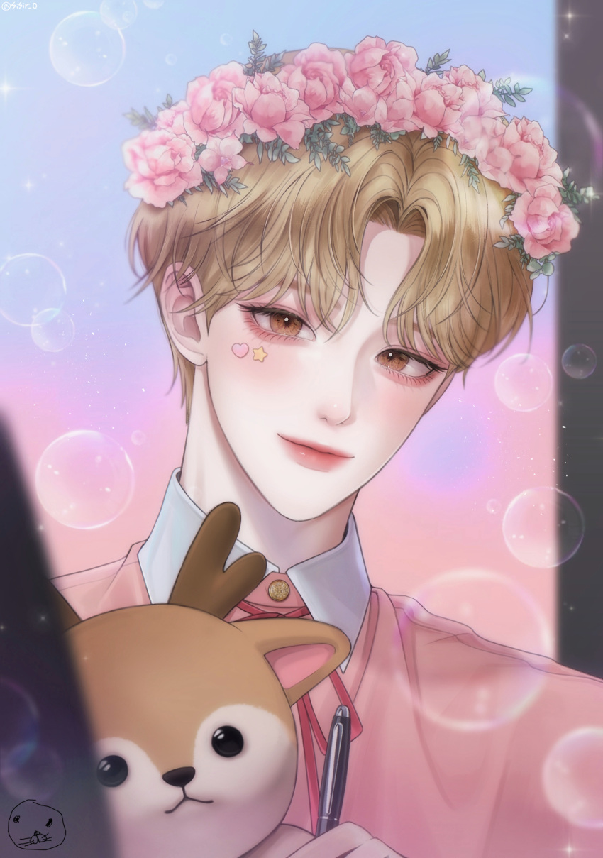 1boy, animal_ears, bishounen, bubble, debwi_mos_hamyeon_jugneun_byeong_geollim, deer_ears, flower, head_wreath