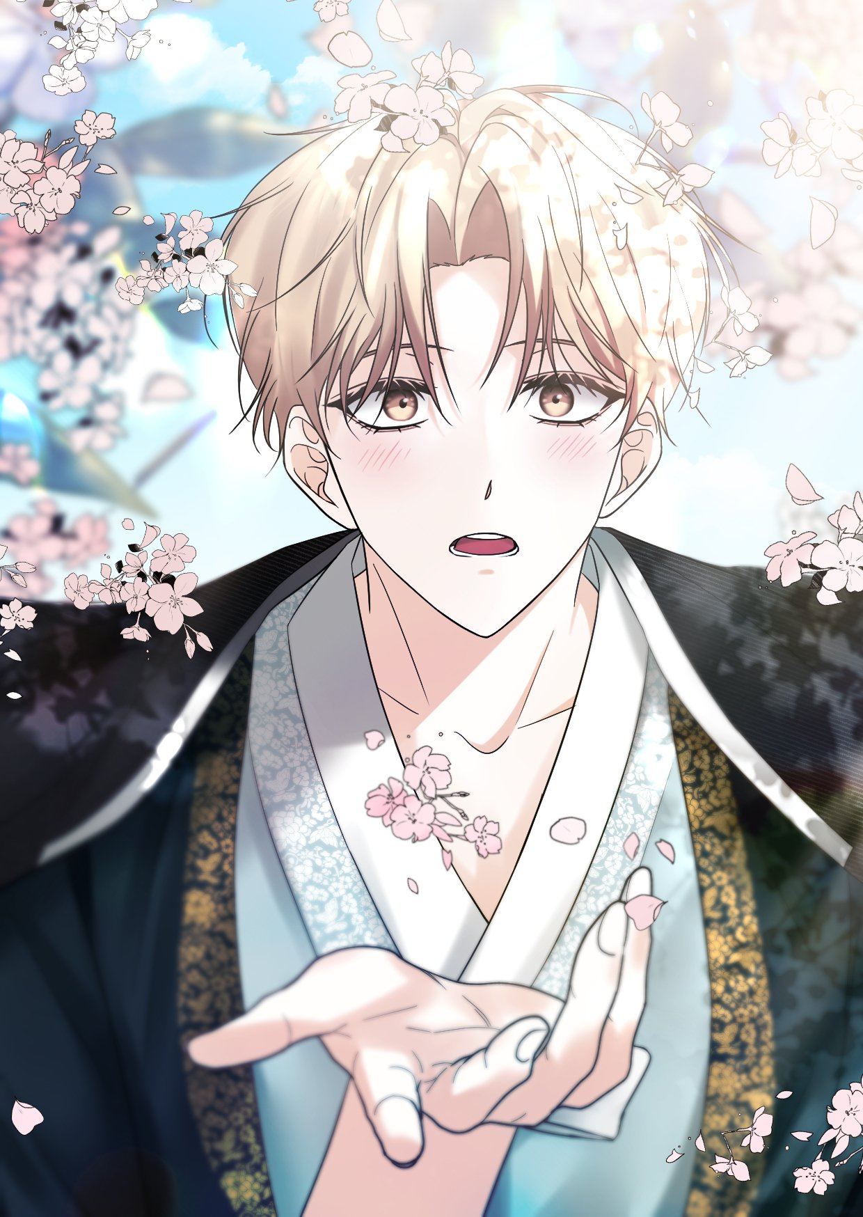 1boy, bishounen, blonde_hair, blurry, blurry_background, blush, cherry_blossoms, collarbone