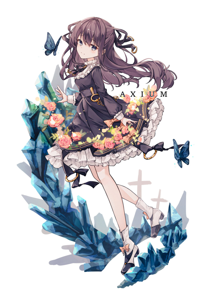 1girl, absurdres, ankle_boots, arcaea, arm_at_side, arm_up, black_bow, black_dress