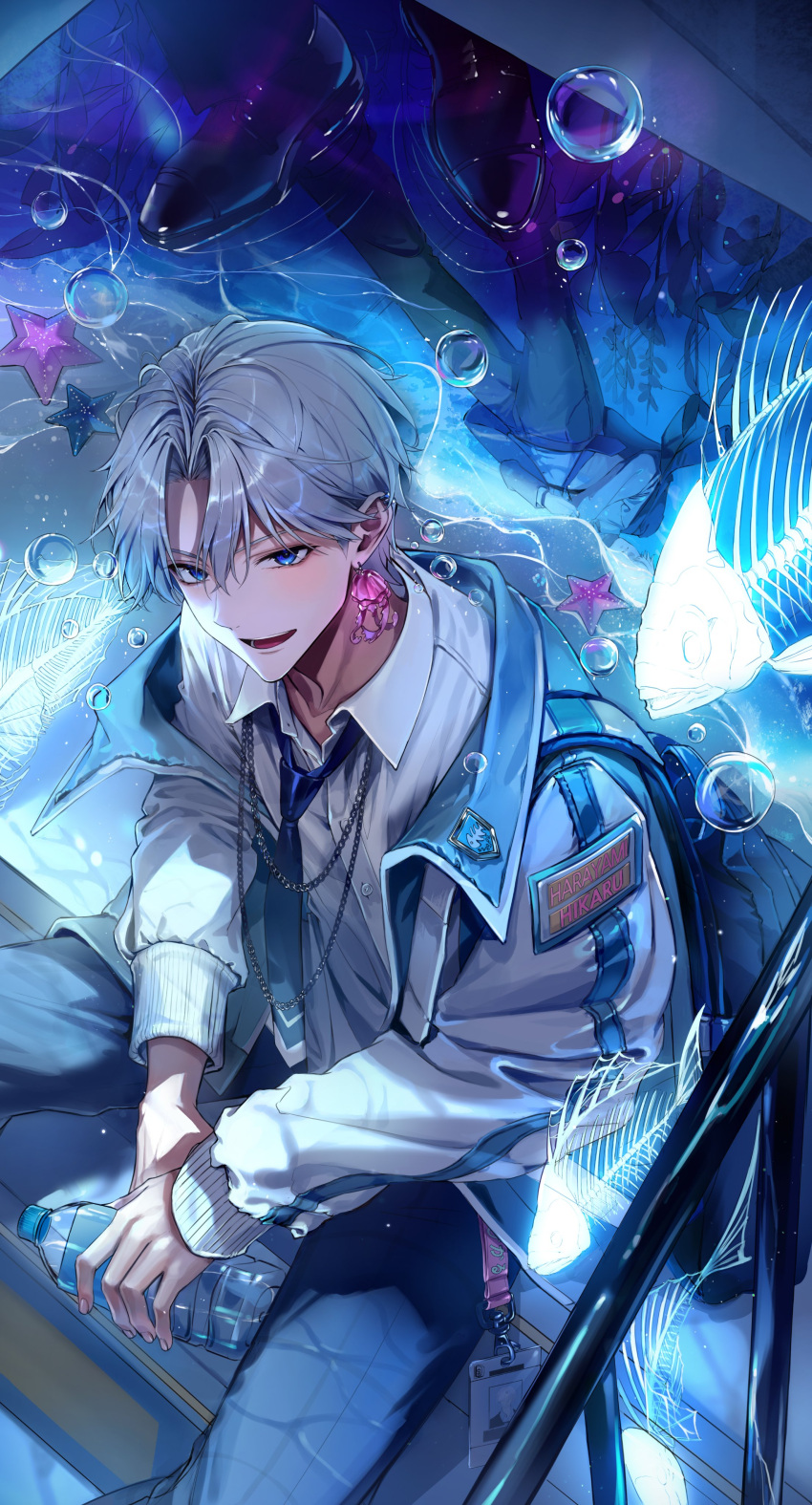 2boys, absurdres, bishounen, blue_eyes, blue_necktie, blue_pants, bubble, chain