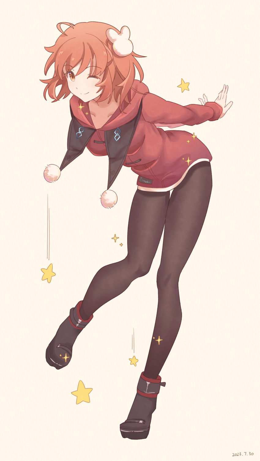 1girl, 2023, ;), absurdres, ahoge, arms_behind_back, black_footwear, black_pants, breasts, cardigan, closed_mouth, collarbone, dated, dhsauce, fate/grand_order, fate_(series), fujimaru_ritsuka_(female), full_body, hair_ornament, highres, hood, hood_down, hooded_cardigan, leaning_forward, long_hair, long_sleeves, medium_breasts, one_eye_closed, orange_eyes, orange_hair, pants, red_cardigan, side_ponytail, smile, solo, thigh_gap, white_background