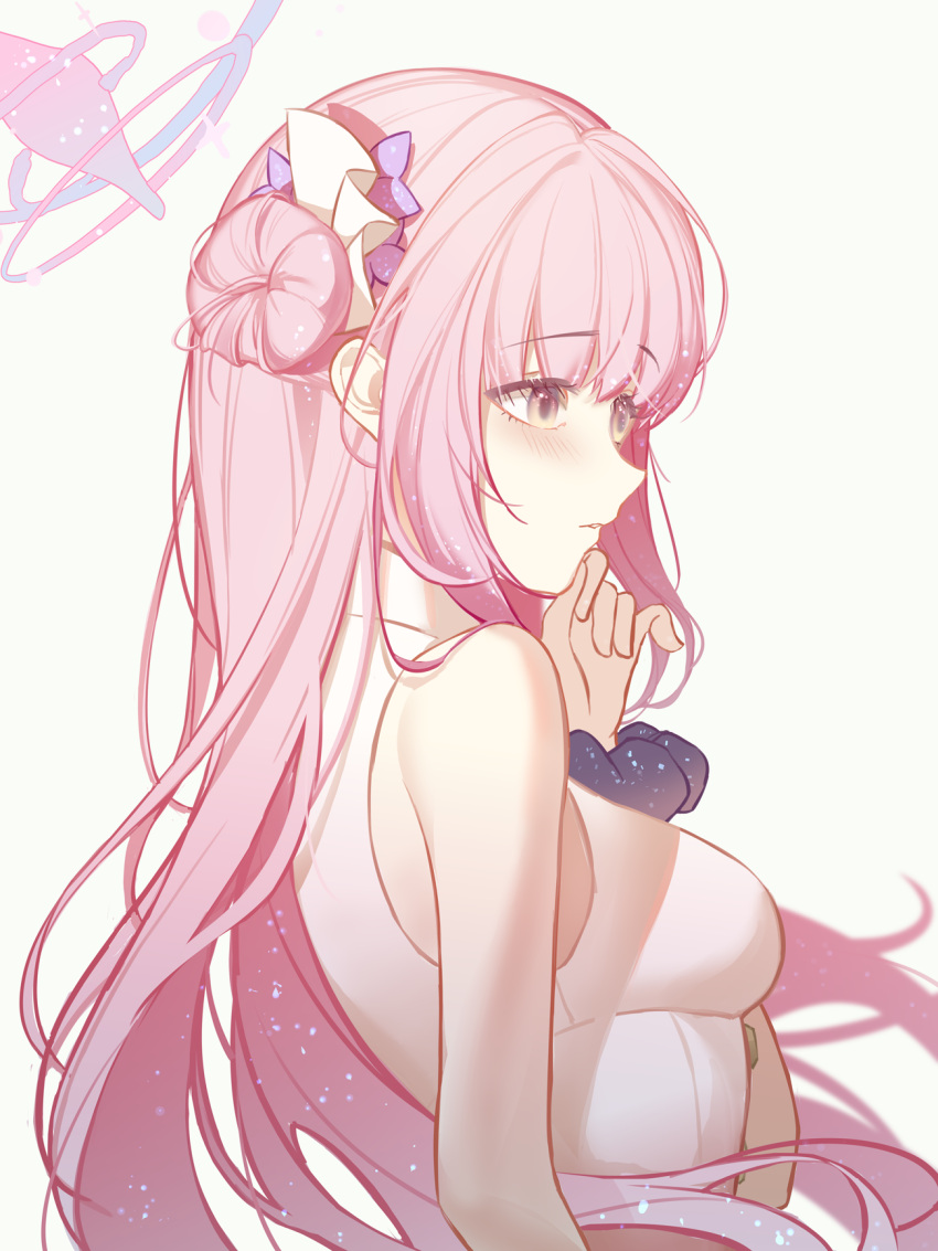 1girl, bare_shoulders, blue_archive, breasts, commentary, dress, flower, from_side