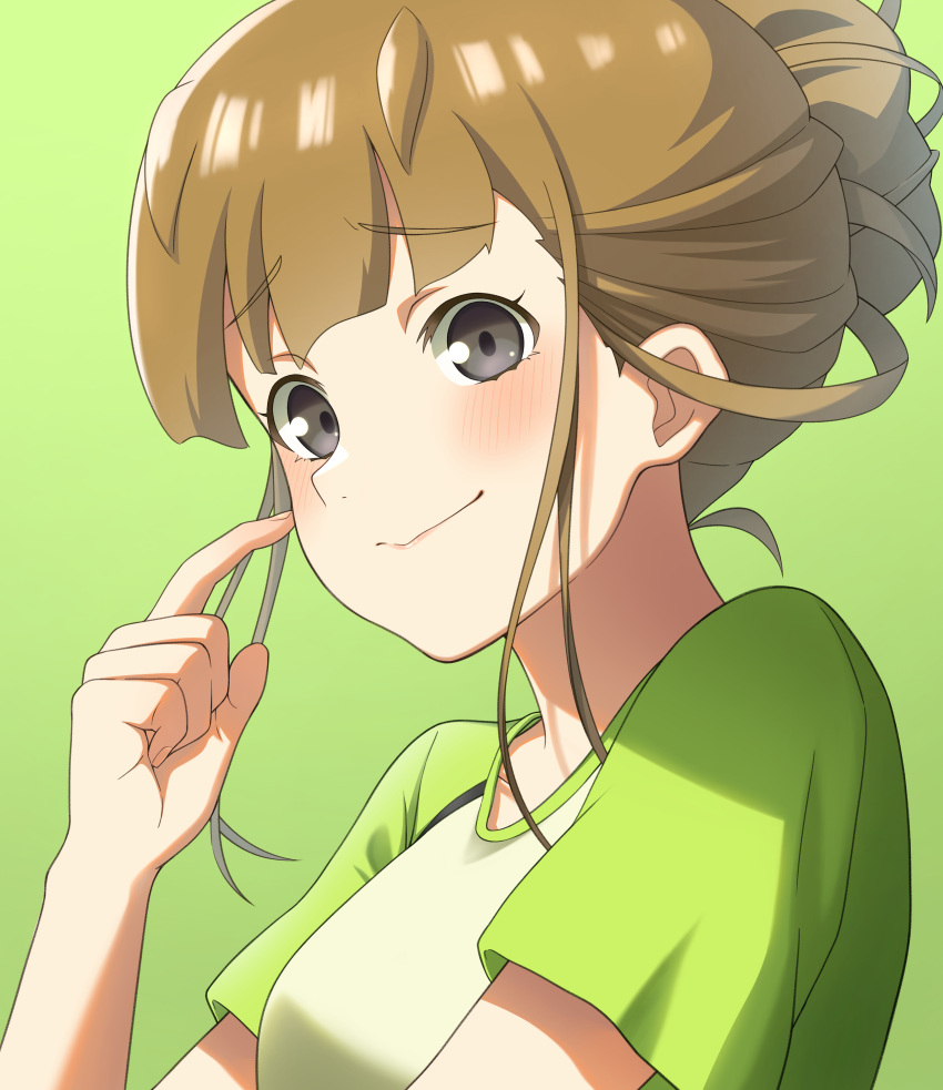 1girl, 46_crt, absurdres, black_hair, blunt_bangs, blush, breasts, brown_hair