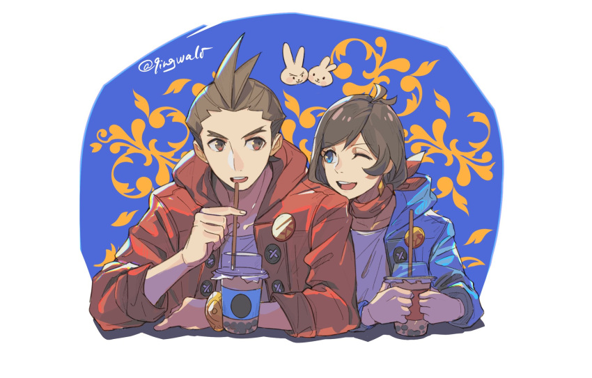 1boy, 1girl, :d, ;d, ace_attorney, antenna_hair, apollo_justice, apollo_justice_(stylin'_street_clothes)