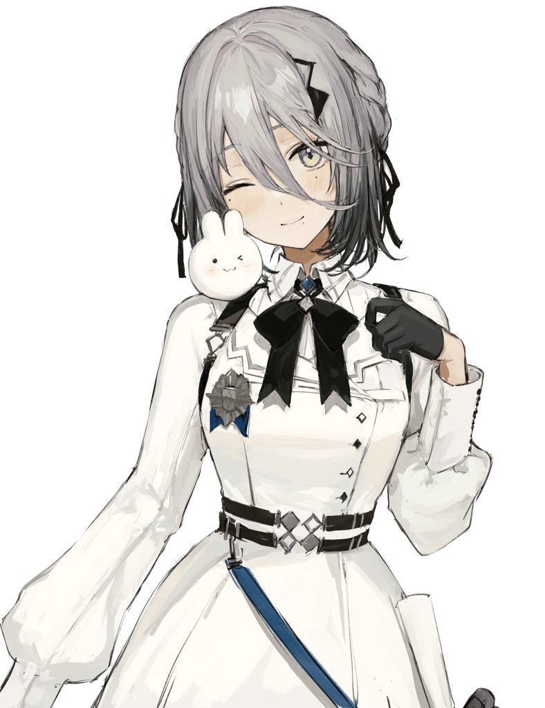 1girl, black_bow, black_bowtie, black_hair, bow, bowtie, dress, gloves