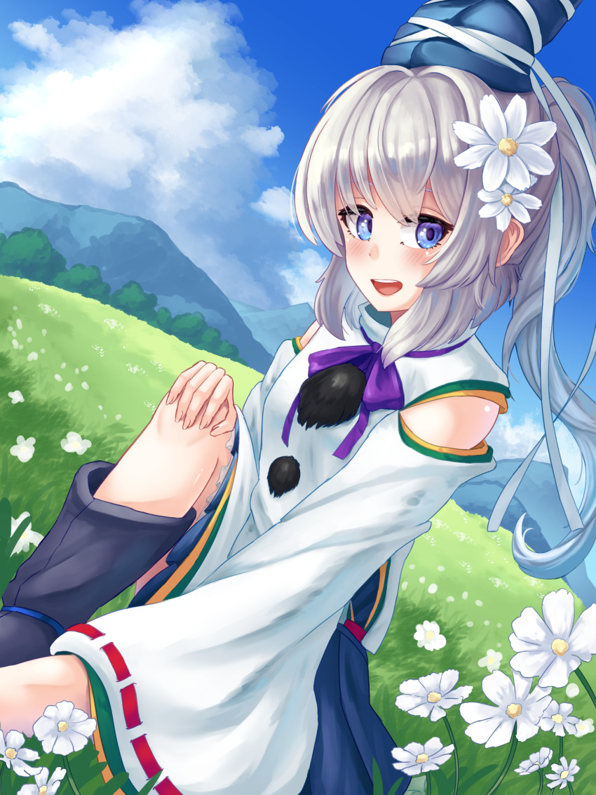 1girl, black_footwear, blue_eyes, blue_headwear, blue_skirt, blue_sky, blush, boots