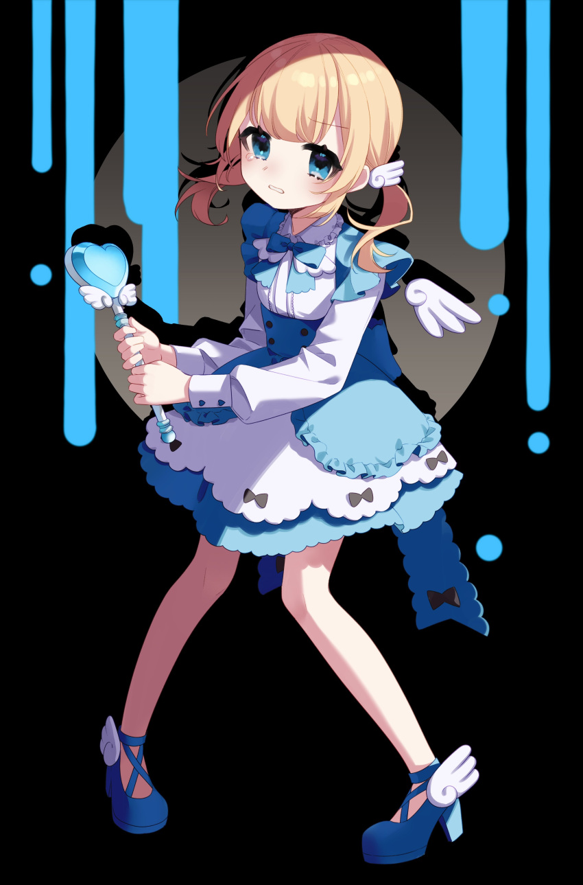 039nagyo, 1girl, absurdres, blonde_hair, blue_dress, blue_eyes, blue_footwear, detached_wings