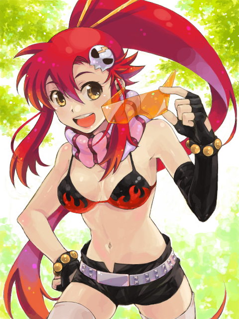 breasts, cleavage, fingerless_gloves, gloves, goggles, hair_ornament, hairclip, holding, kome_(kokomoti), lips, long_hair, midriff, open_mouth, pink_thighhighs, ponytail, red_hair, redhead, shorts, solo, tegaki, tengen_toppa_gurren_lagann, thigh-highs, thighhighs, this_is_?, yellow_eyes, yoko_littner