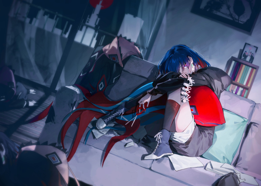 4girls, apartment, black_hoodie, black_jacket, black_socks, blue_eyes, blue_hair, bookshelf