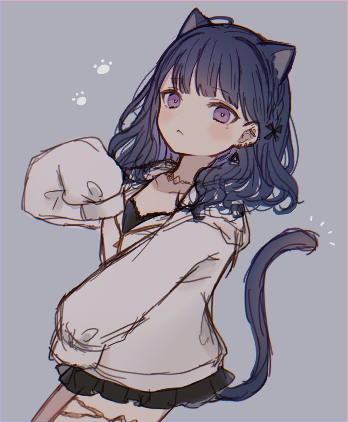 1girl, animal_ears, black_camisole, black_skirt, blue_hair, camisole, cat_ears, cat_girl, cat_tail, earrings, grey_background, highres, jewelry, komeshisu4545, koshimizu_toru, koshimizu_toru_(2nd_costume), long_hair, nijisanji, pink_eyes, simple_background, skirt, sleeves_past_fingers, sleeves_past_wrists, solo, tail, triangle_earrings