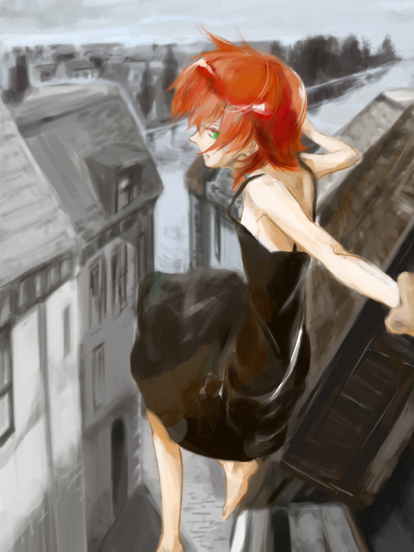 building, darker_than_black, dress, green_eyes, havoc, looking_back, midair, outstretched_arm