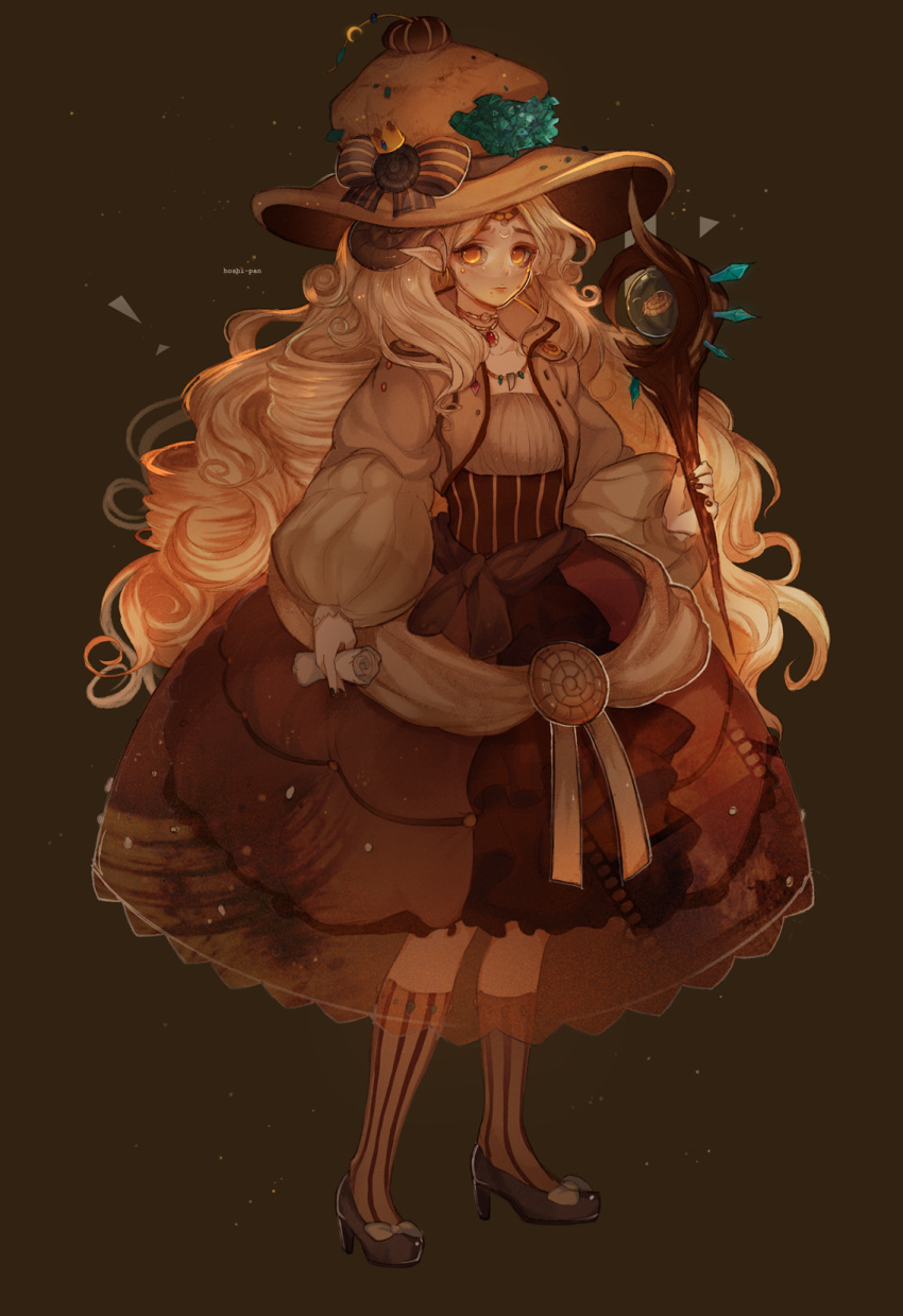1girl, adoptable, artist_name, black_bow, blonde_hair, bow, brown_background, brown_corset, brown_footwear, brown_hair, brown_jacket, brown_sash, brown_skirt, brown_socks, buttons, closed_mouth, collarbone, collared_jacket, corset, crescent, crescent_facial_mark, crown_hair_ornament, crystal_hat_ornament, curly_hair, english_commentary, facial_mark, footwear_bow, fossil, freckles, full_body, gem, gold_necklace, hat, hat_bow, high_heels, highres, holding, holding_scroll, holding_staff, hoshi-pan, jacket, jewelry, kneehighs, layered_skirt, light_frown, long_hair, long_sleeves, making-of_available, necklace, original, painttool_sai_(medium), pink_lips, pointy_ears, puffy_long_sleeves, puffy_sleeves, red_gemstone, sash, scroll, see-through_skirt_layer, shirt, skirt, socks, staff, striped, striped_bow, striped_socks, tassel_hat_ornament, top_hat, vertical-striped_corset, vertical-striped_socks, vertical_stripes, very_long_hair, white_bow, white_sash, white_shirt, witch, yellow_eyes