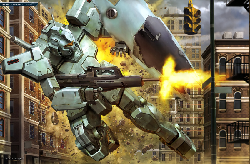 absurdres, arm_shield, assault_visor, building, city, clouds, dark_clouds, debris