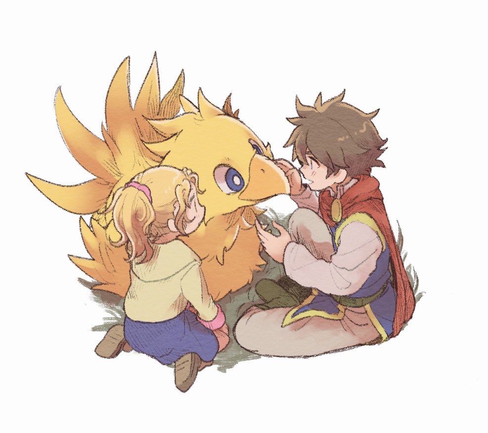 1boy, 1girl, :o, animal, bartz_klauser, belt, bird, blonde_hair