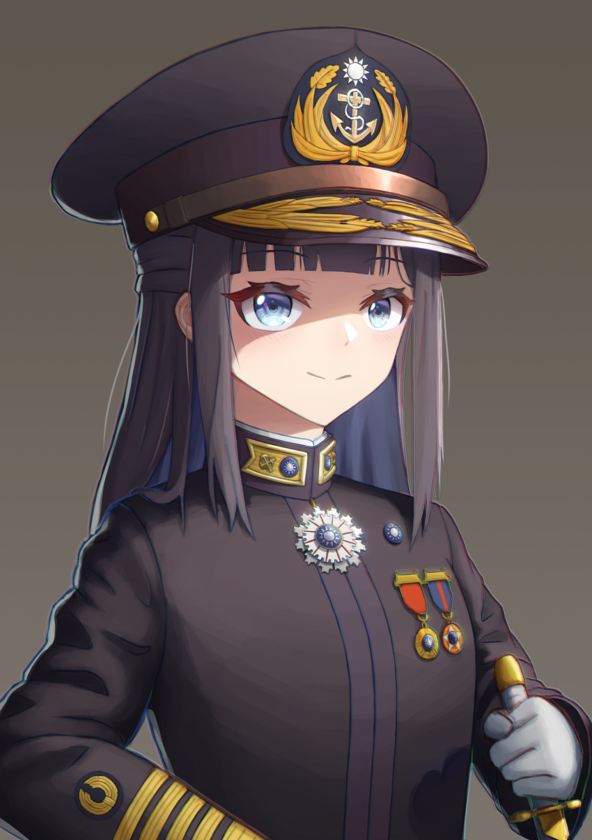 1girl, absurdres, black_hair, blue_eyes, hearts_of_iron, high_collar, highres, holding