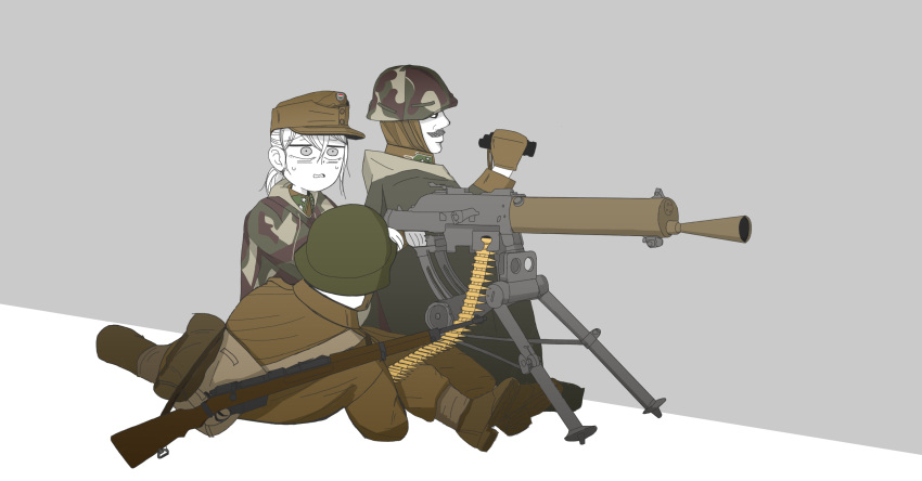 1girl, 2boys, absurdres, belt_feed, binoculars, camouflage, camouflage_headwear, camouflage_jacket, gun, highres, hungary, jacket, machine_gun, mannlicher_m1886, military, military_rank_insignia, military_uniform, multiple_boys, original, rifle, schwarzlose_machine_gun, tripod, uniform, user_kneh2877, weapon, world_war_i