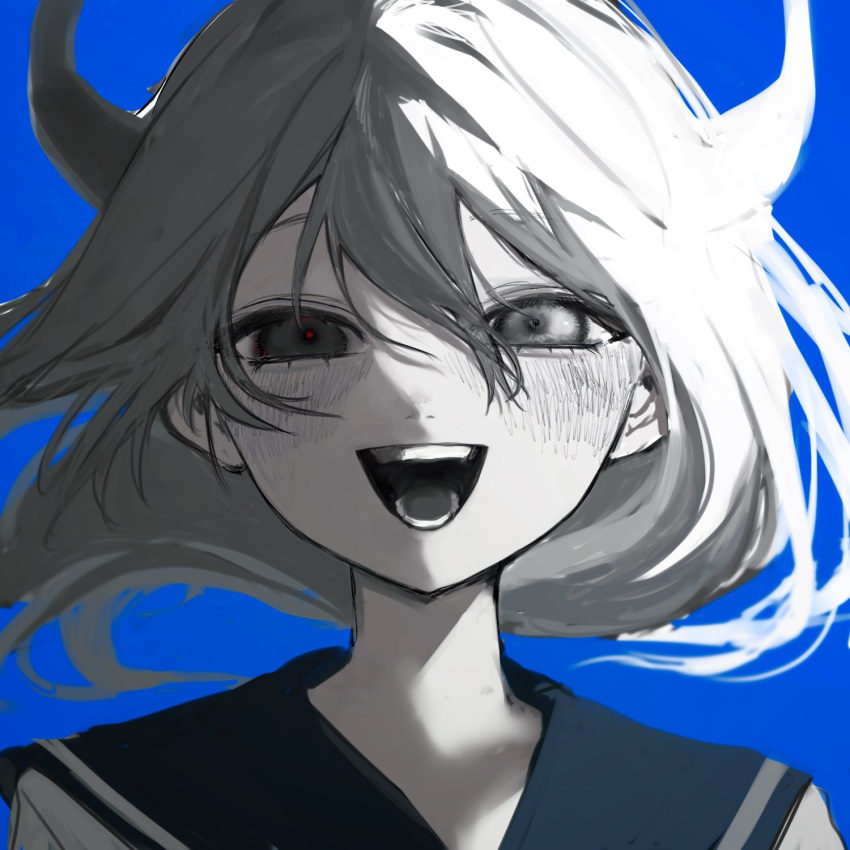 1girl, :d, blue_background, blush, commentary_request, greyscale_with_colored_background, hair_between_eyes, heterochromia, highres, horns, isei_ni_ikou_ne_(cevio), looking_at_viewer, medium_hair, n/fa_(riyoufuka403), open_mouth, portrait, sailor_collar, sailor_shirt, school_uniform, serafuku, shirt, smile, solo, spot_color, straight-on