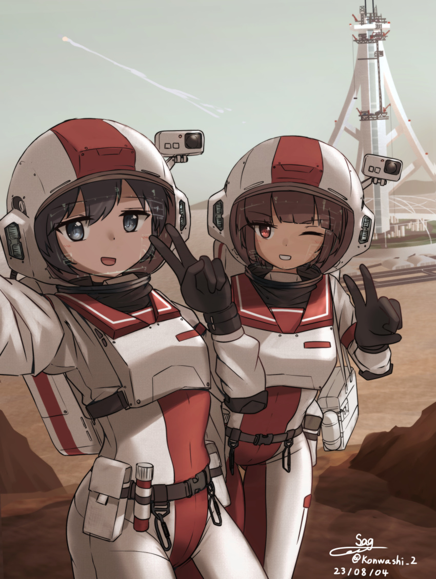 2girls, absurdres, backpack, bag, belt, black_hair, blue_eyes, bodysuit