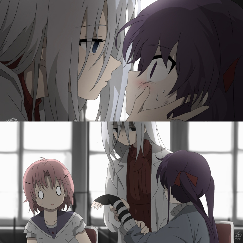 0_0, 3girls, ebisuzawa_kurumi, fingerless_gloves, gakkou_gurashi!, gloves, grey_eyes, holding_another's_wrist