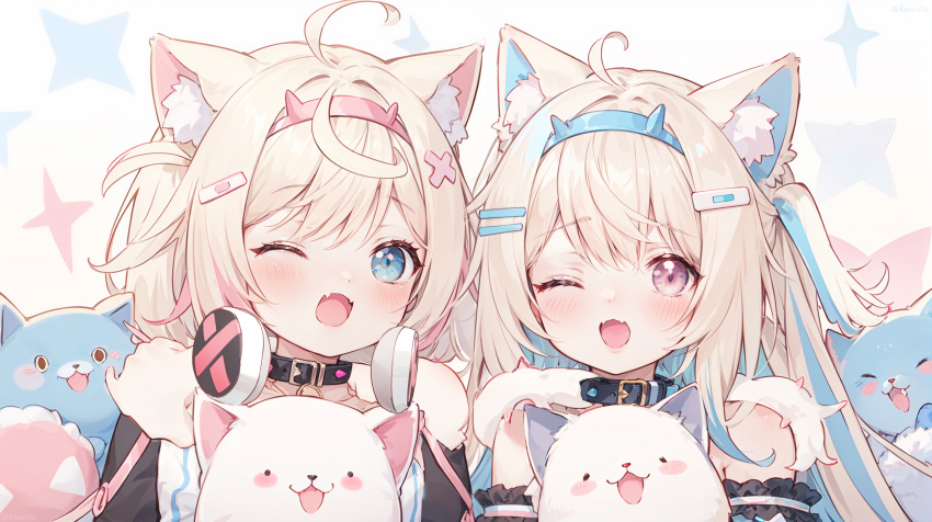 2girls, ahoge, animal_ear_fluff, animal_ears, belt_collar, black_collar, black_jacket, blonde_hair, blue_eyes, blue_hair, blush, collar, cropped_jacket, cropped_shirt, dog, dog_ears, dog_girl, dress, fangs, fur-trimmed_jacket, fur_trim, fuwawa_abyssgard, headphones, headphones_around_neck, highres, hololive, hololive_english, jacket, long_hair, looking_at_viewer, medium_hair, mococo_abyssgard, multicolored_hair, multiple_girls, one_eye_closed, open_mouth, pink_eyes, pink_hair, shirt, siblings, sisters, skin_fangs, smile, spiked_collar, spikes, streaked_hair, tobarana, twins, virtual_youtuber, white_dress, white_shirt