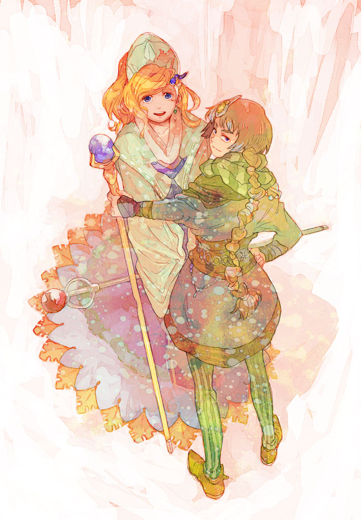1girl, blonde_hair, braid, brown_hair, couple, final_fantasy, final_fantasy_iv, final_fantasy_iv_the_after